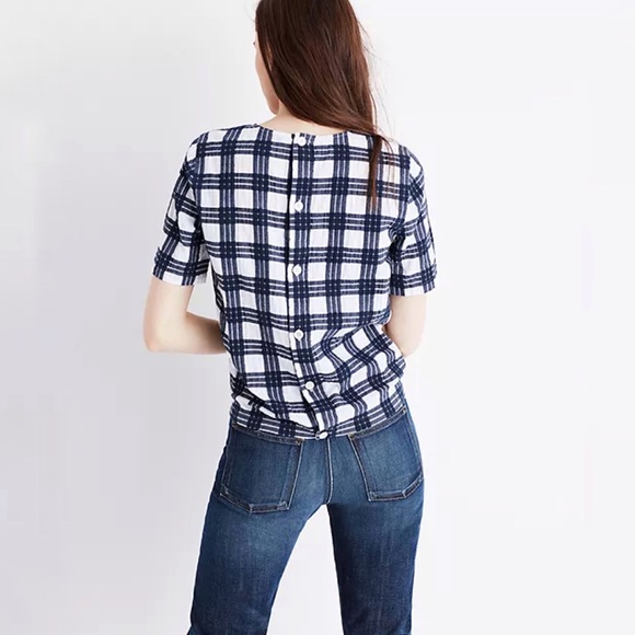 Madewell Navy & White Plaid Cotton Button-Back Tie Top Size XL - Picture 4 of 10